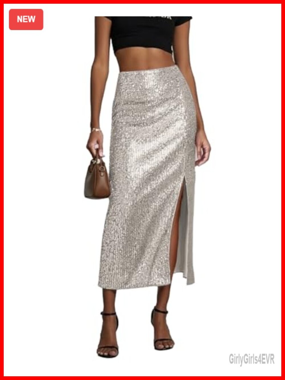 Sequin Midi Skirt High Waisted Bodycon Pencil Slit Elastic Waist Cocktail Party